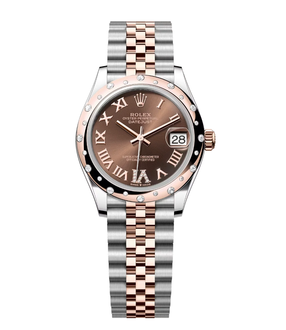 Rolex Datejust 31 Oyster Perpetual watch in Oystersteel and Everose gold with diamond-set chocolate dial on Jubilee band