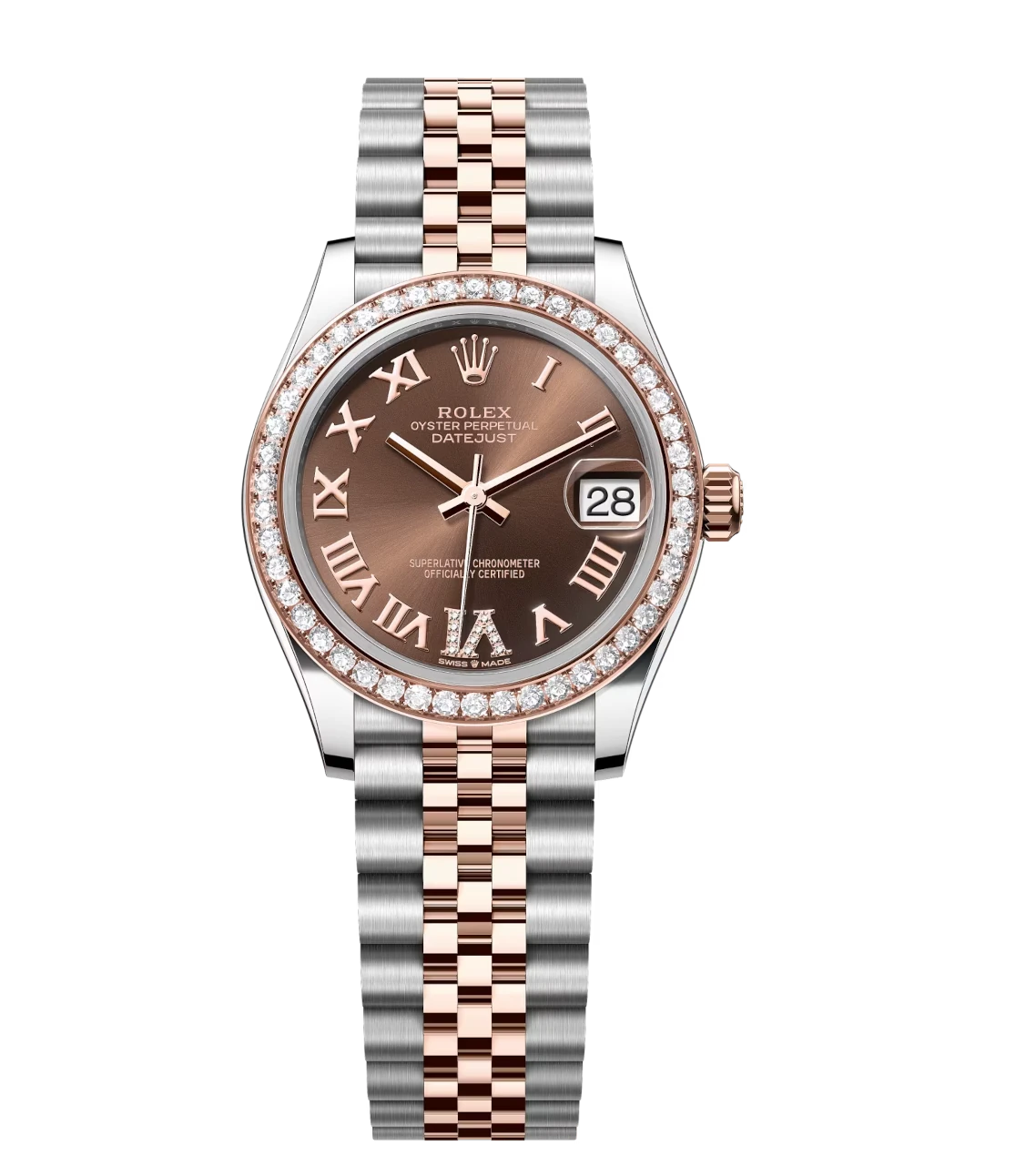 Rolex Datejust 31 Oyster Perpetual Oystersteel and Everose gold chocolate, diamond-set dial Jubilee band Reference 278381RBR