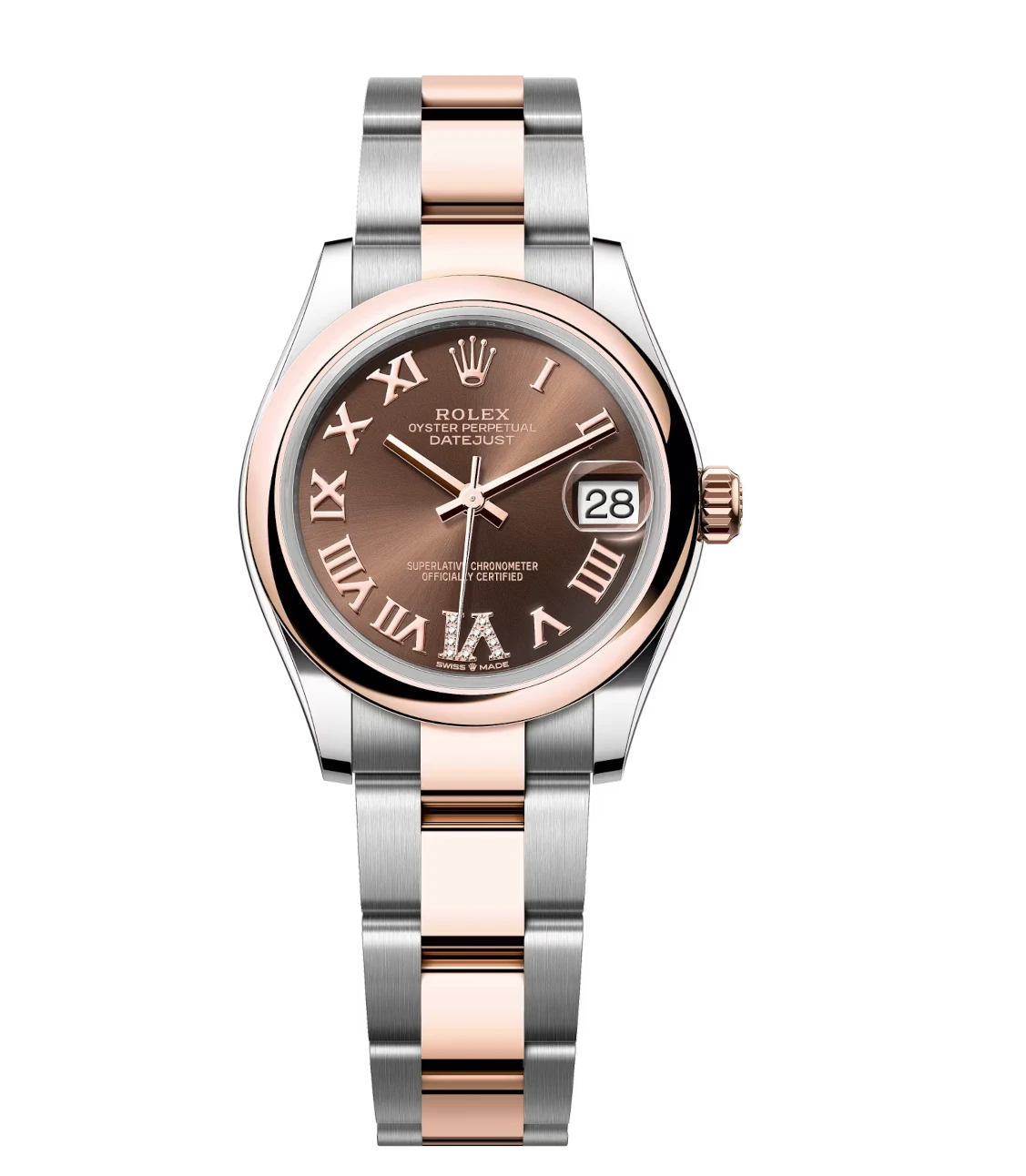 Rolex Datejust 31 Oyster Perpetual luxury watch with Oystersteel and Everose gold band and diamond-set chocolate dial