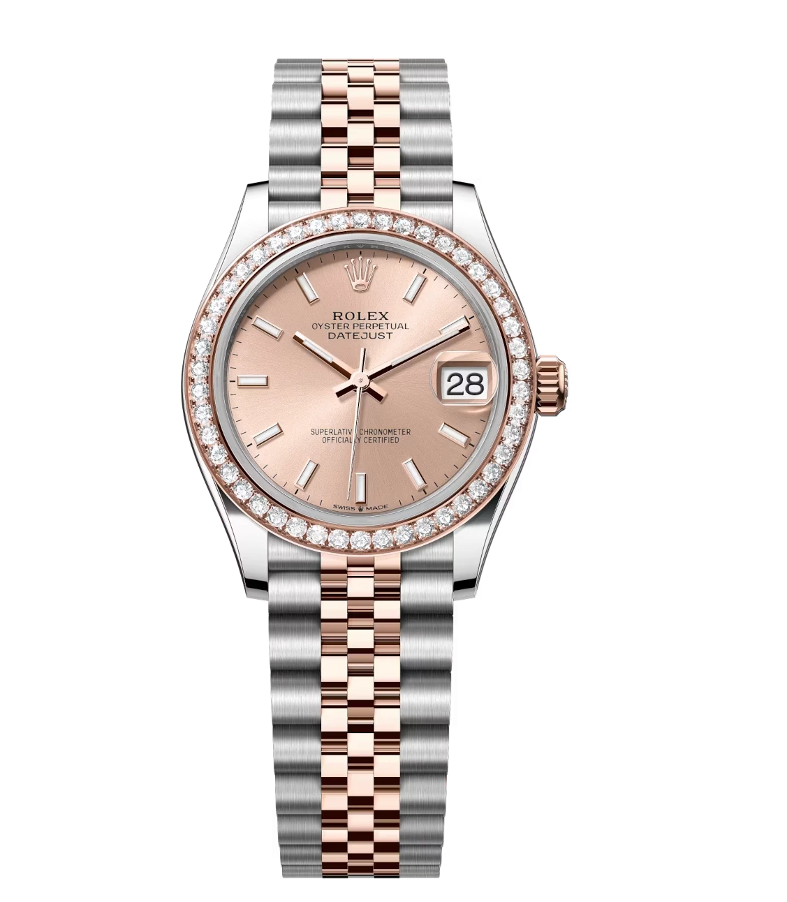 Rolex Datejust 31 Oyster Perpetual watch with Oystersteel and Everose gold rosé-colour dial on a Jubilee band