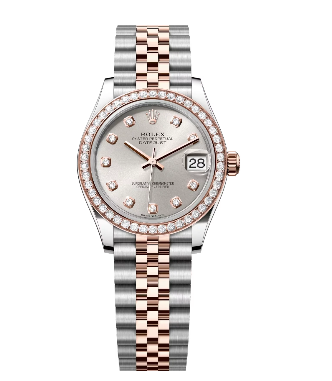 Rolex Datejust 31 Oyster Perpetual Oystersteel and Everose gold silver, diamond-set dial Jubilee band Reference 278381RBR
