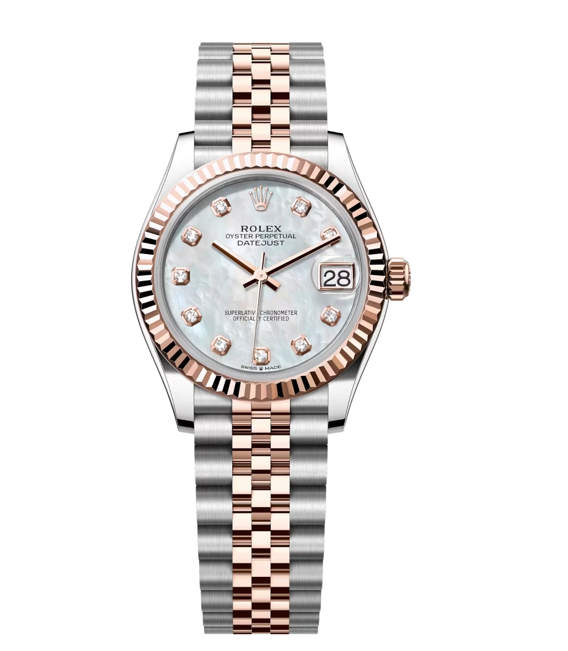 Rolex Lady-Datejust 28 Oyster Perpetual watch with white mother-of-pearl and diamond-set dial on an Oystersteel and Everose gold Jubilee band