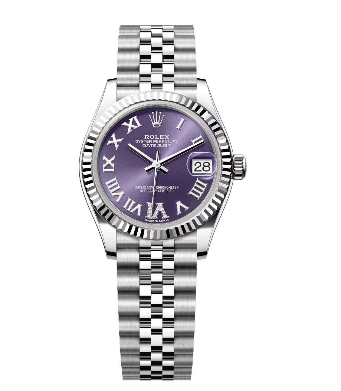 Rolex Datejust 31 Oyster Perpetual Oystersteel and white gold aubergine, diamond-set dial Jubilee band Reference 278274