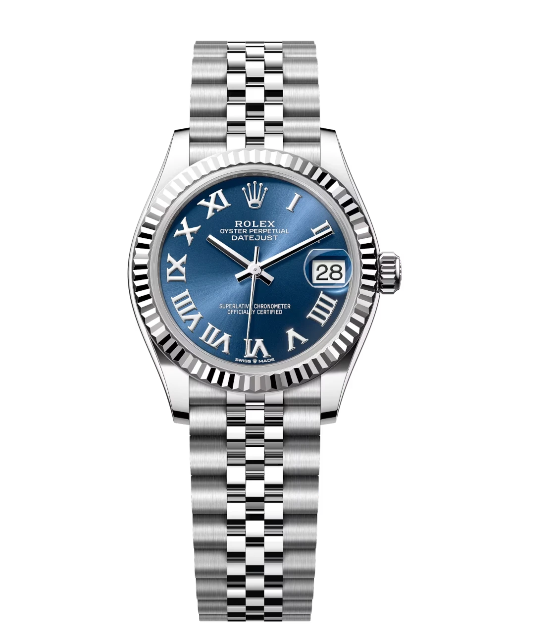 Rolex Datejust 31 Oyster Perpetual watch with bright blue dial and white gold accents on an Oystersteel Jubilee band