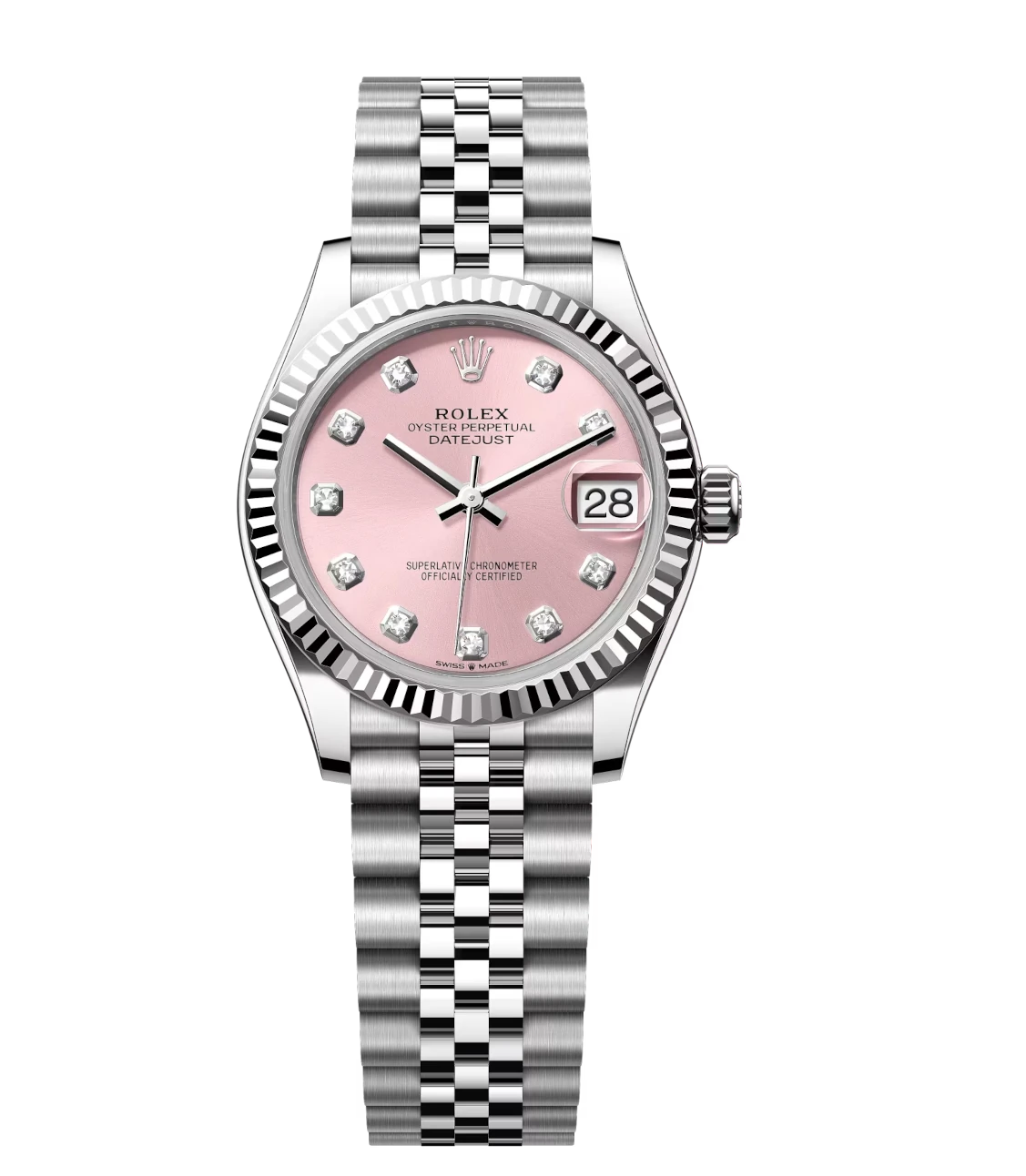 Rolex Lady-Datejust 28 Oyster Perpetual Oystersteel and white gold pink, diamond-set dial Jubilee band Reference 279174