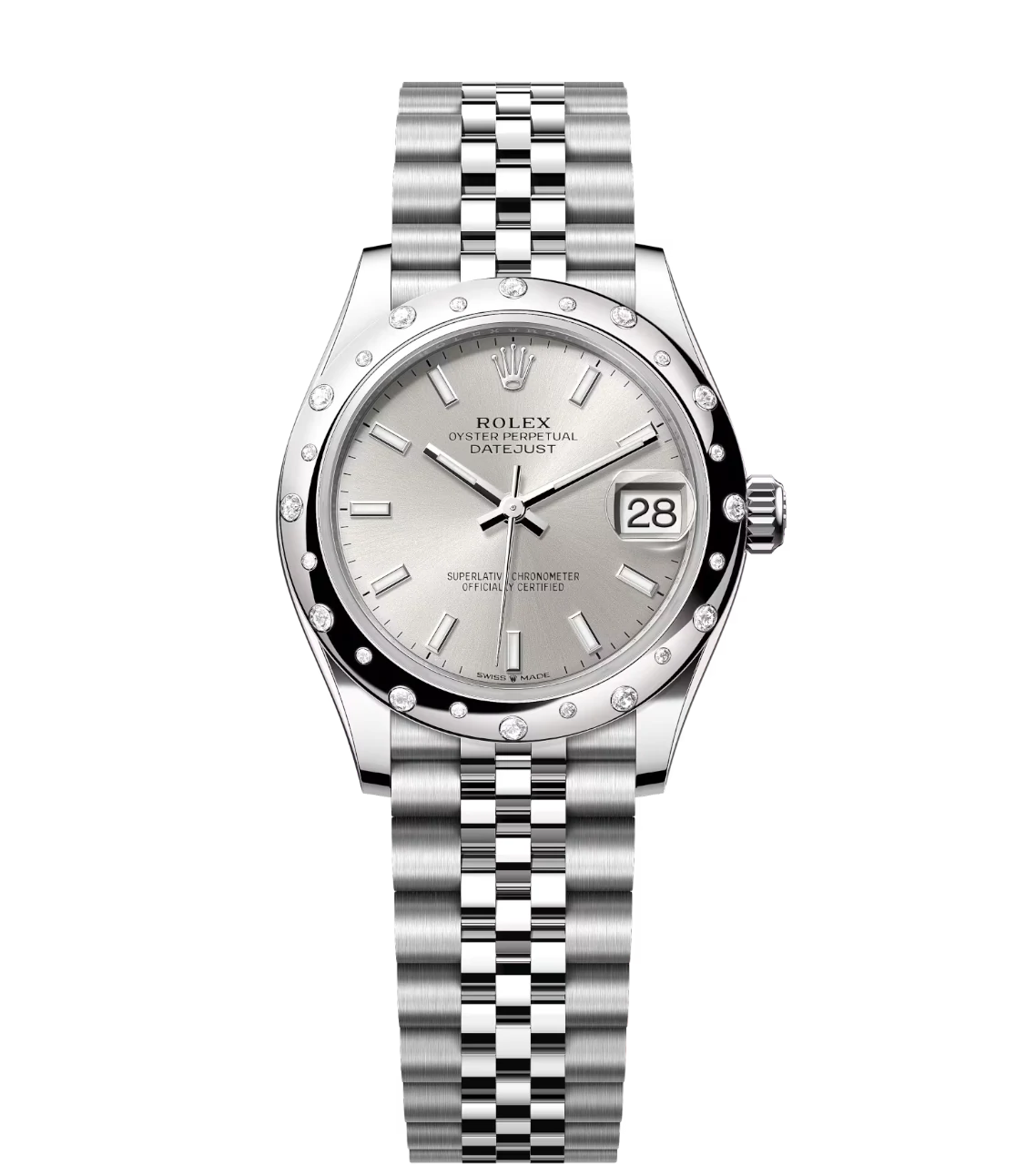 Rolex Datejust 31 Oyster Perpetual luxury watch with Oystersteel and white gold details on a silver dial and Jubilee band