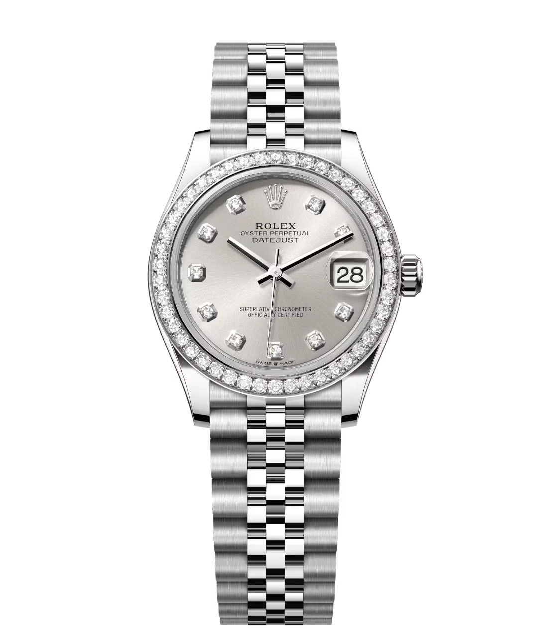 Rolex Datejust 31 Oyster Perpetual Oystersteel and white gold silver, diamond-set dial Jubilee band Reference 278384RBR