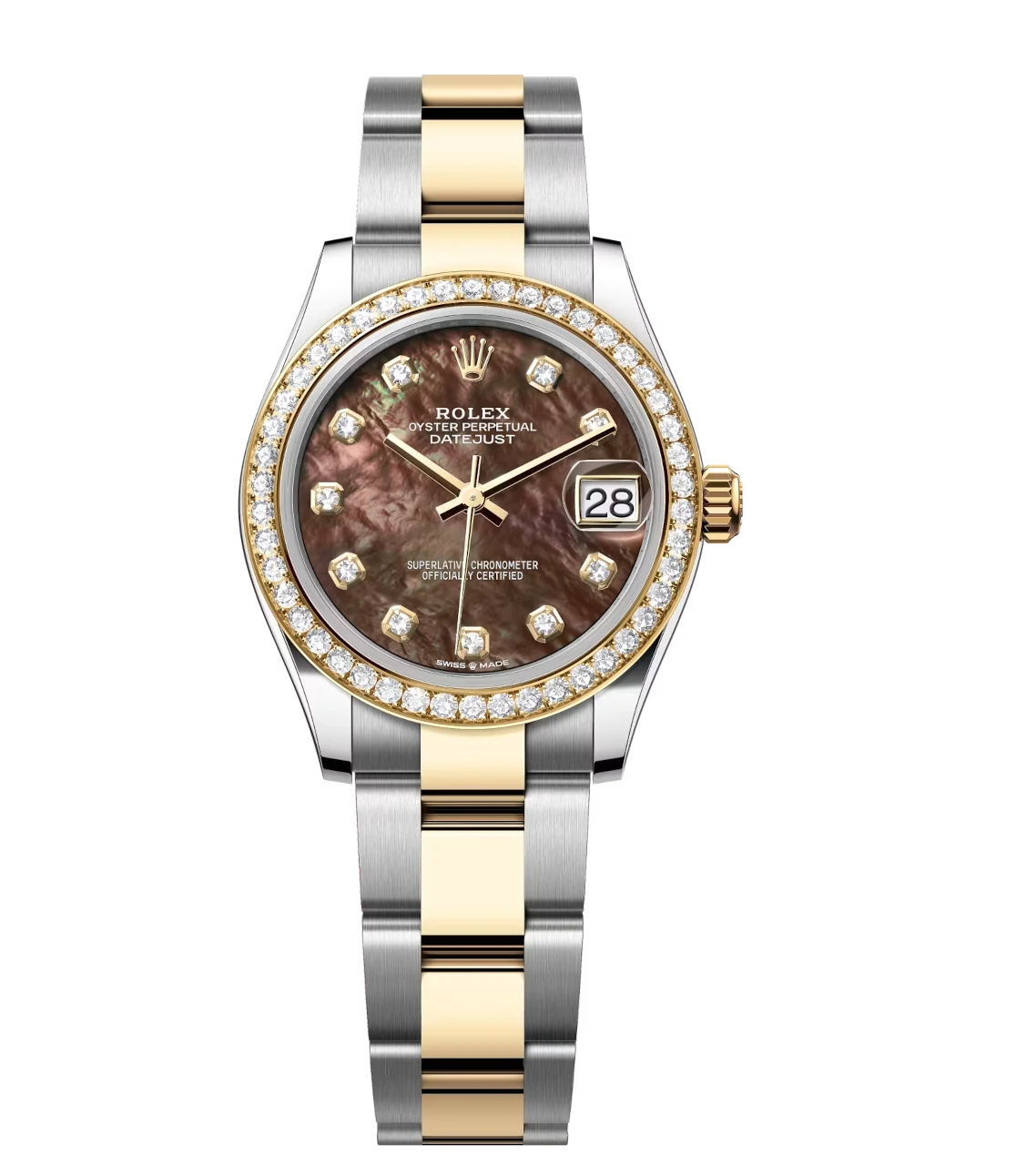 Rolex Datejust 31 Oyster Perpetual watch with yellow gold and Oystersteel band, black mother-of-pearl dial and diamond setting
