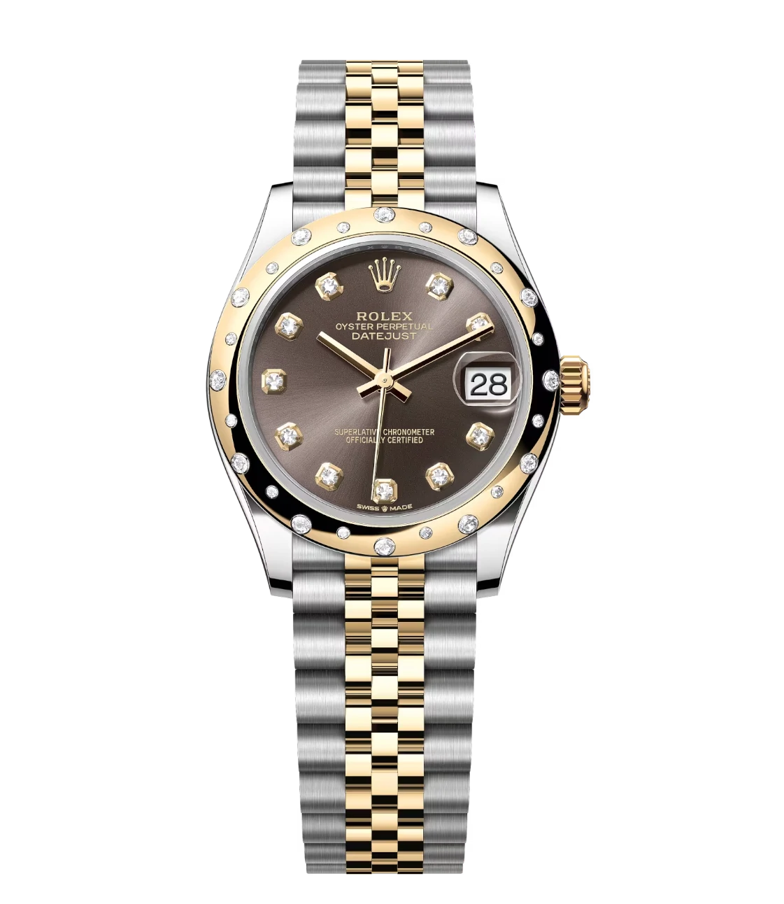 Rolex Datejust 31 Oyster Perpetual luxury watch with yellow gold and dark grey diamond-set dial on Oystersteel Jubilee band