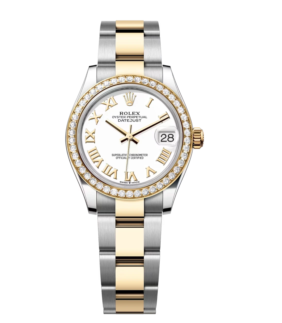 Rolex Datejust 31 Oyster Perpetual watch with yellow gold accents and white dial on an Oyster band