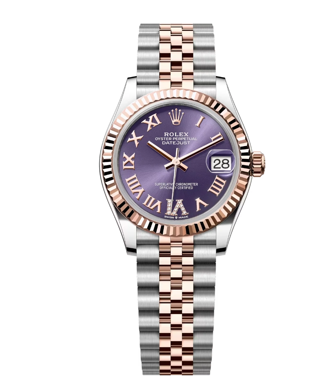 Rolex Datejust 31 Oyster Perpetual watch in Oystersteel and Everose gold with aubergine diamond-set dial and Jubilee band