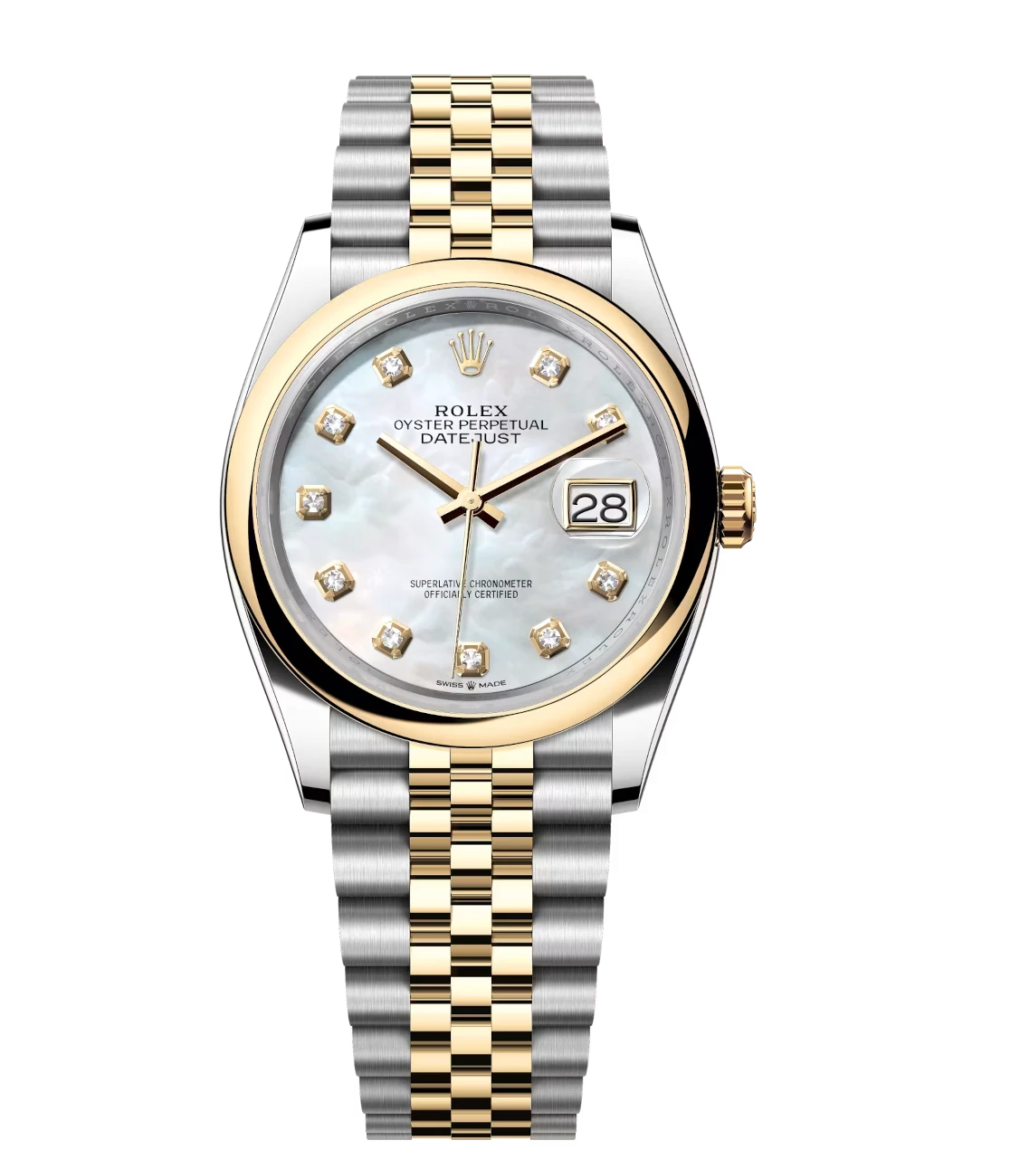 Rolex Datejust 31 Oyster Perpetual watch with yellow gold and white mother-of-pearl dial on a Jubilee band