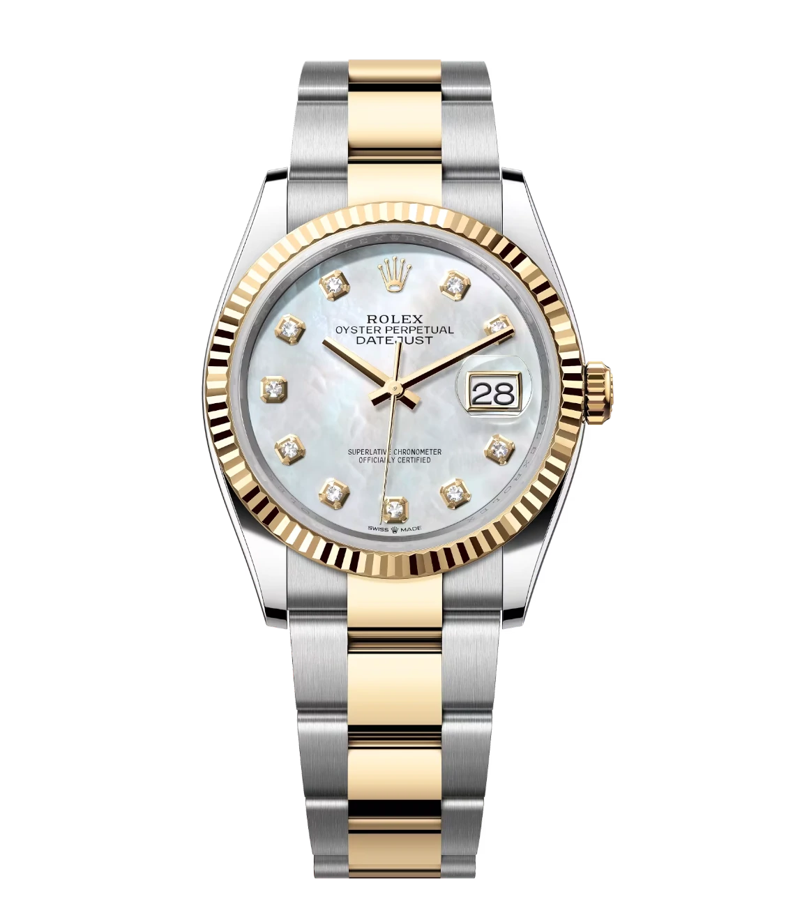 Rolex Datejust 31 Oyster Perpetual watch with yellow gold and diamond-set white mother-of-pearl dial on Oyster band