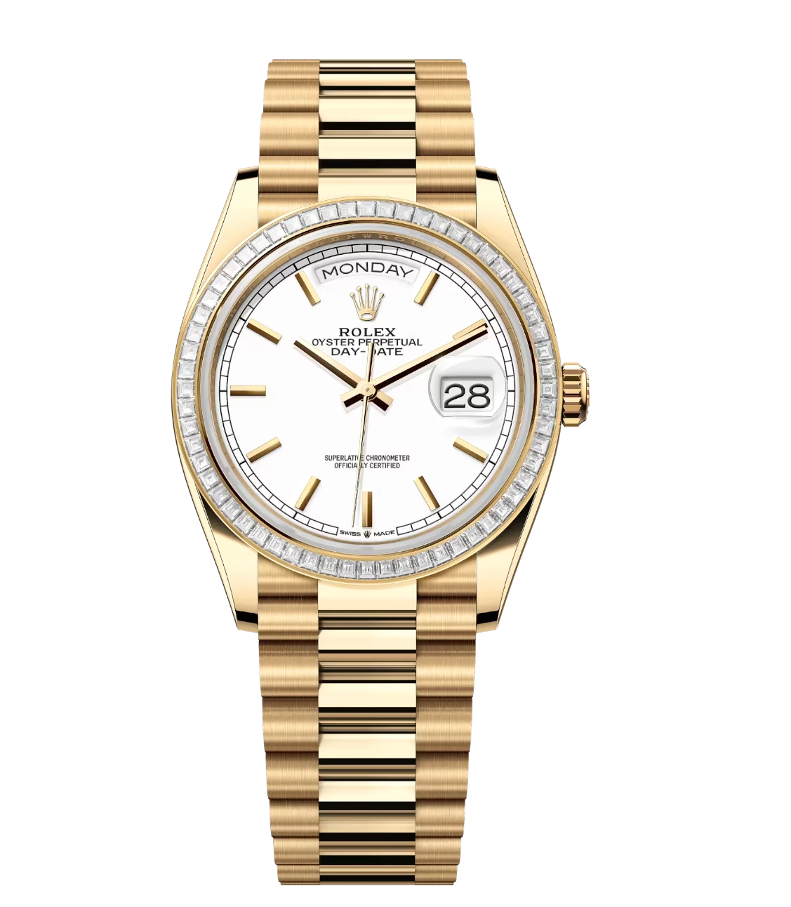 Rolex Day-Date 36 Oyster Perpetual 18 ct yellow gold white dial diamond-set bezel President band Reference 128398TBR