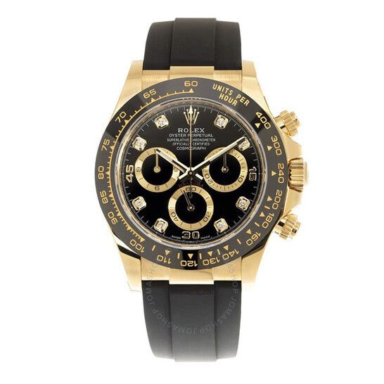 Rolex Cosmograph Daytona 40 Oyster Perpetual watch with yellow gold and diamond-set black dial on Oysterflex band
