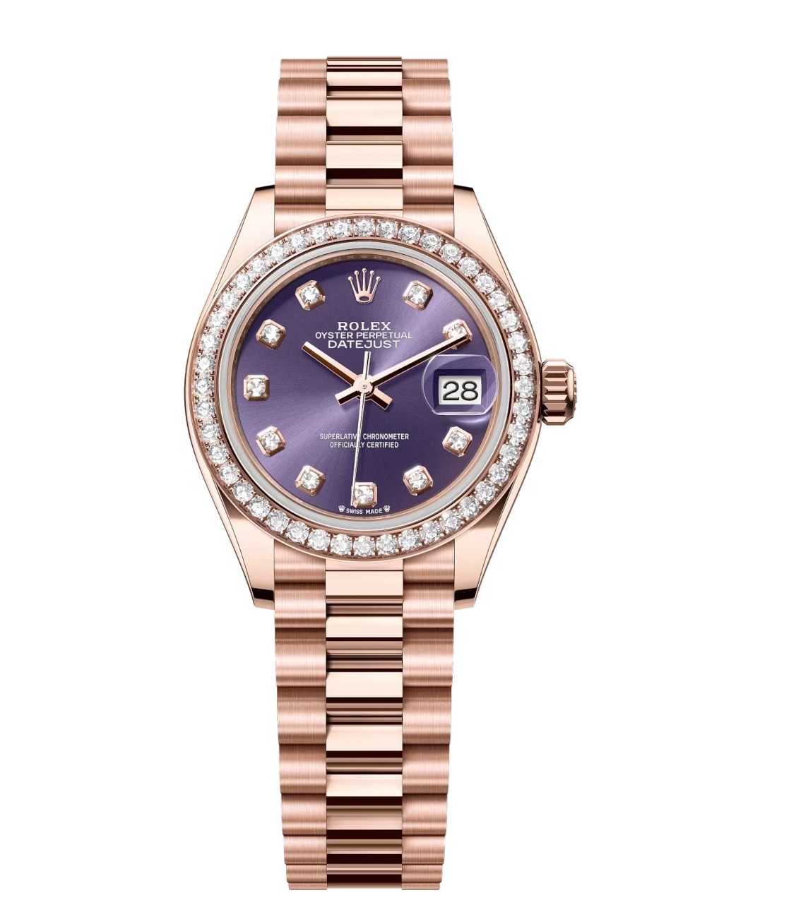 Rolex Lady-Datejust 28 Oyster Perpetual 18 ct Everose gold aubergine, diamond-set dial President band Reference 279135RBR