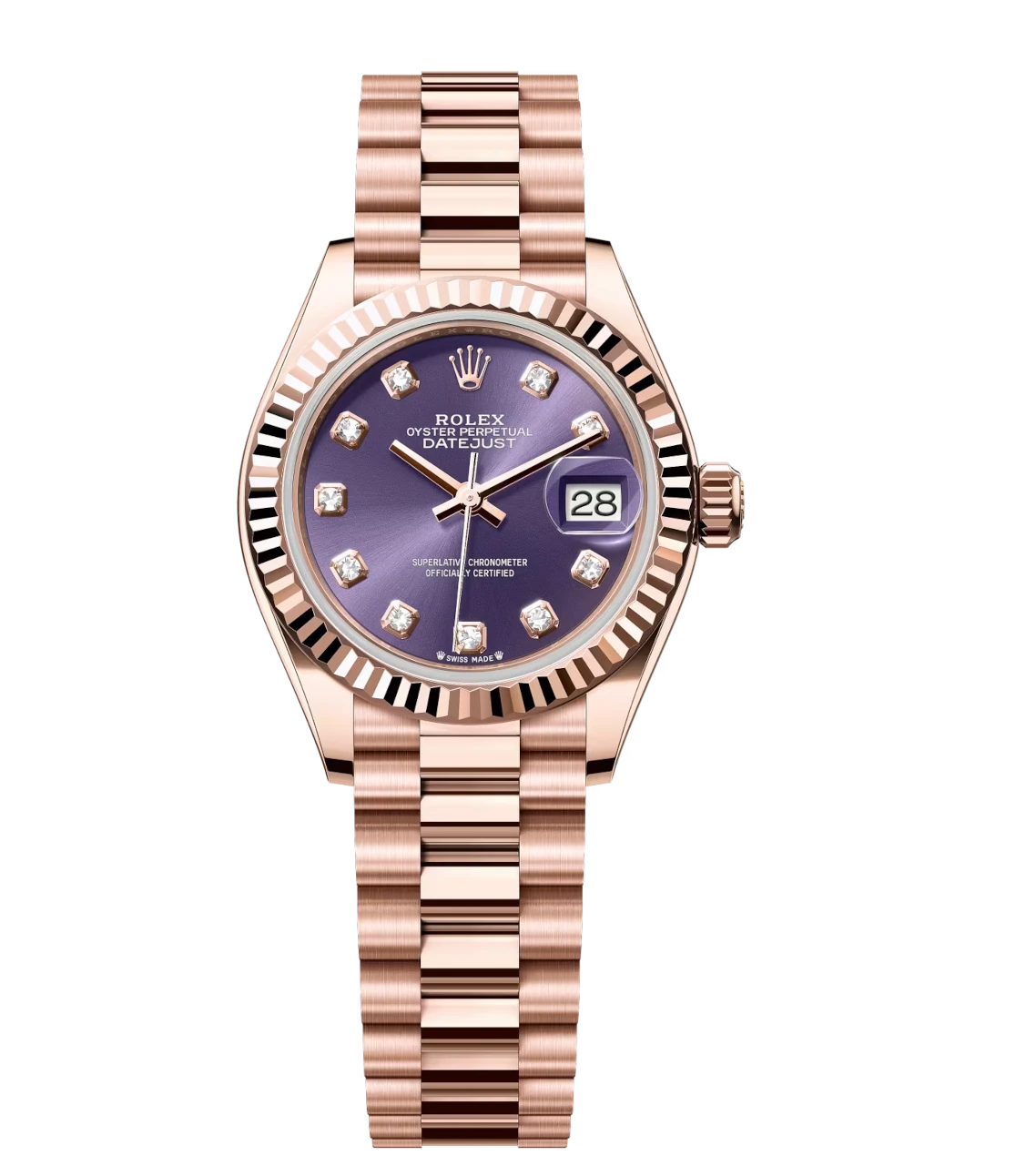 Rolex Lady-Datejust 28 Oyster Perpetual 18 ct Everose gold aubergine, diamond-set dial President band Reference 279175