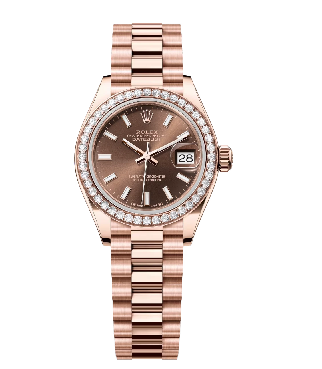 Rolex Lady-Datejust 28 Oyster Perpetual 18 ct Everose gold chocolate dial President band Reference 279135RBR