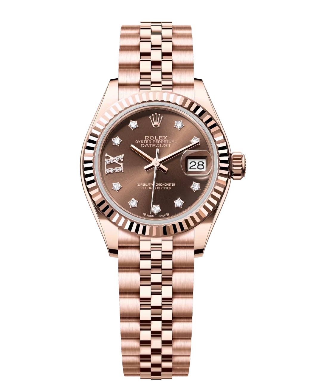 Rolex Lady-Datejust 28 Oyster Perpetual 18 ct Everose gold watch with diamond-set chocolate dial and Jubilee band