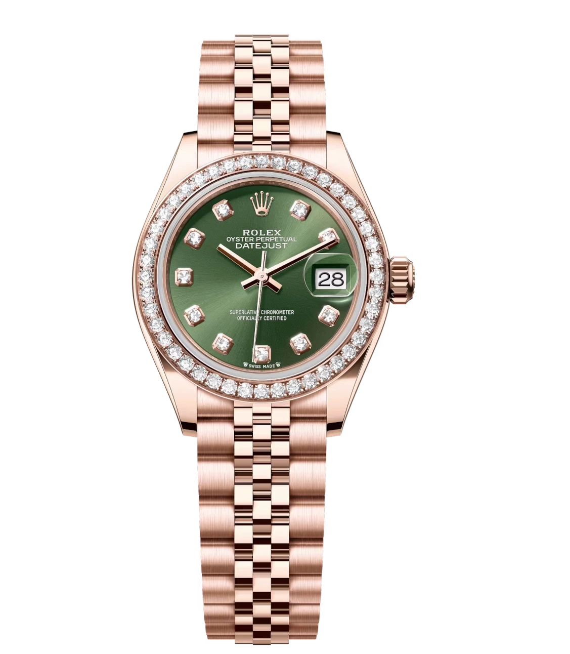 Rolex Lady-Datejust 28 Oyster Perpetual 18 ct Everose gold olive-green, diamond-set dial Jubilee band Reference 279135RBR