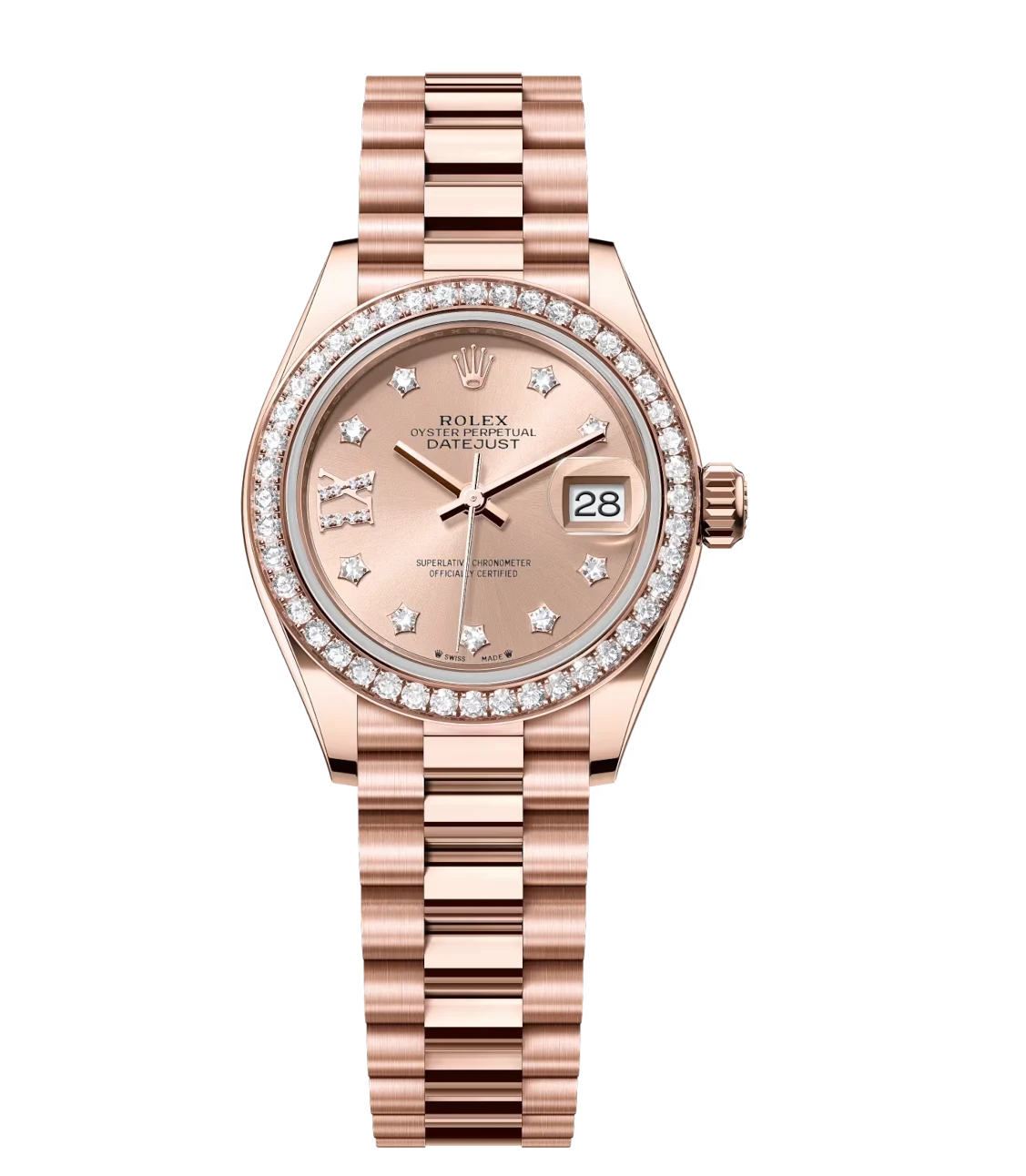 Rolex Lady-Datejust 28 Oyster Perpetual 18 ct Everose gold rosé colour, diamond-set dial President band Reference 279135RBR