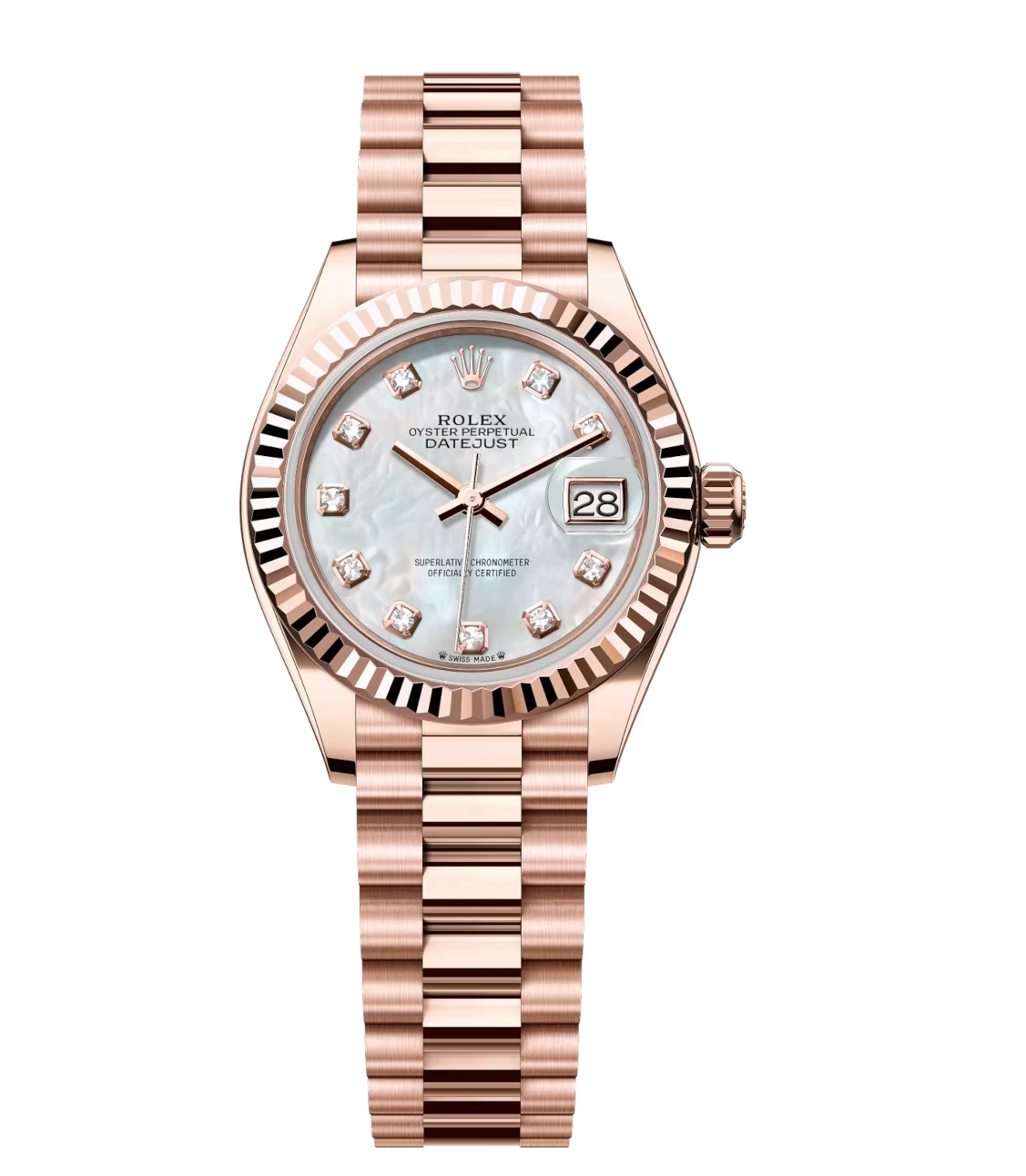 Rolex Lady-Datejust 28 Oyster Perpetual 18ct Everose gold watch with white mother-of-pearl and diamond-set dial