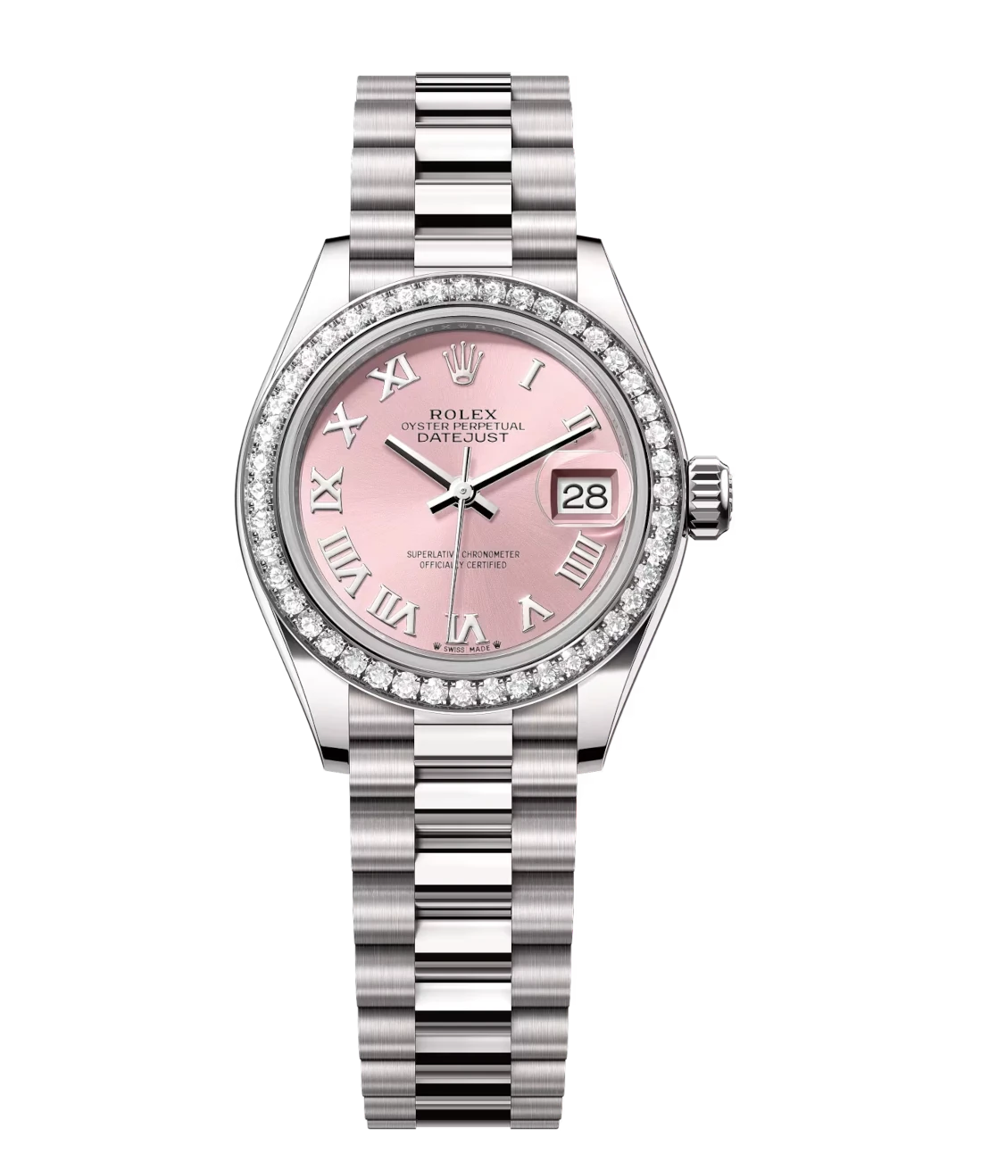 Rolex Lady-Datejust 28 Oyster Perpetual 18 ct white gold pink dial President band Reference 279139RBR