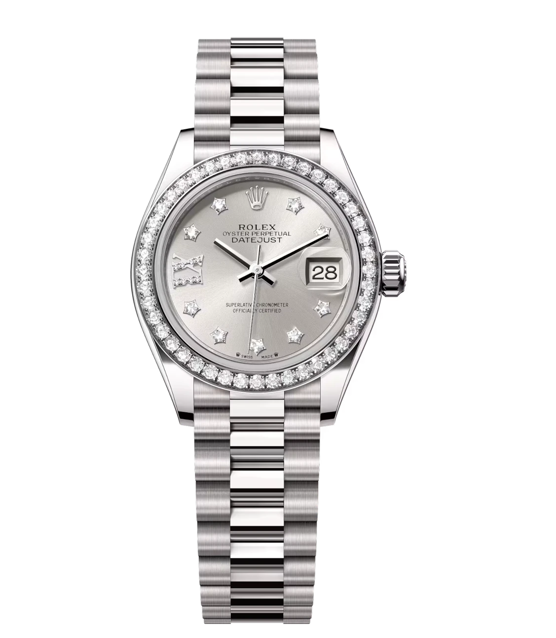 Rolex Lady-Datejust 28 Oyster Perpetual 18 ct white gold silver, diamond-set dial President band Reference 279139RBR
