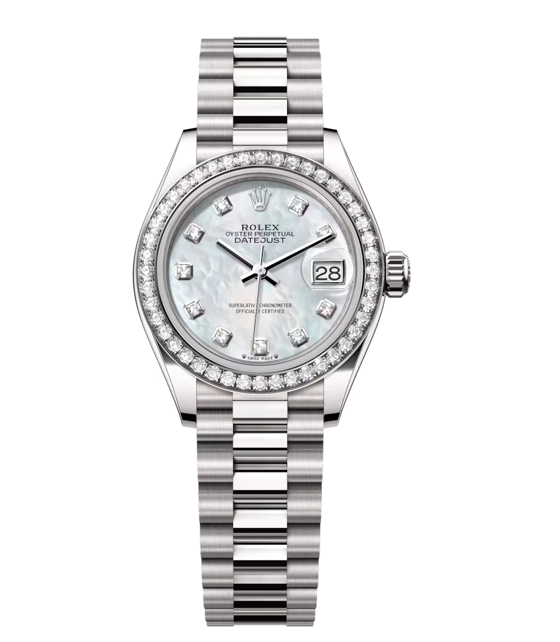 Rolex Lady-Datejust 28 Oyster Perpetual 18 ct white gold watch with white mother-of-pearl and diamond-set dial