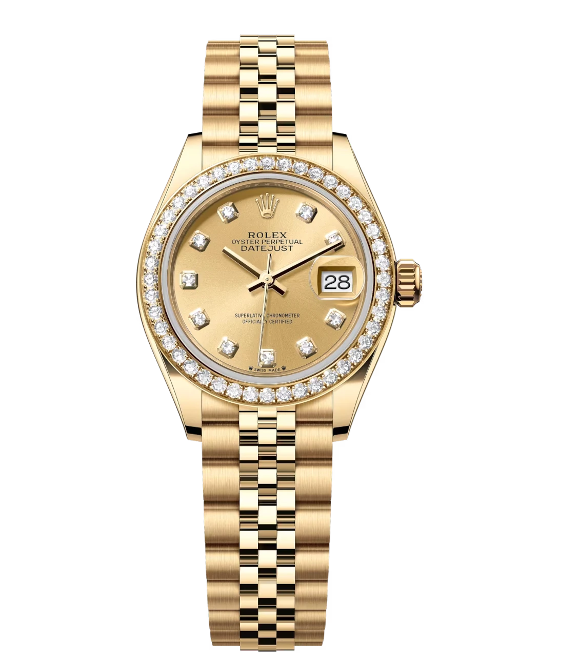 Rolex Lady-Datejust 28 Oyster Perpetual 18 ct yellow gold champagne colour, diamond-set dial Jubilee band Reference 279138RBR