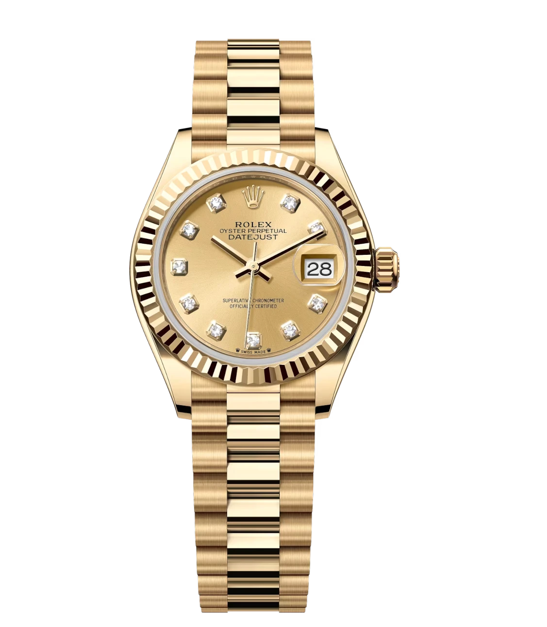 Rolex Lady-Datejust 28 Oyster Perpetual 18 ct yellow gold champagne colour, diamond-set dial President band Reference 279178