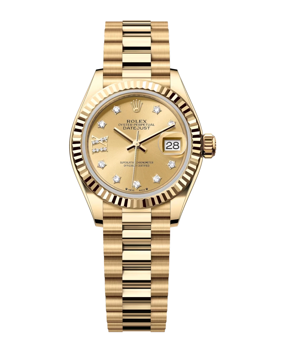 Rolex Lady-Datejust 28 Oyster Perpetual 18 ct yellow gold watch with champagne colour diamond-set dial and President band
