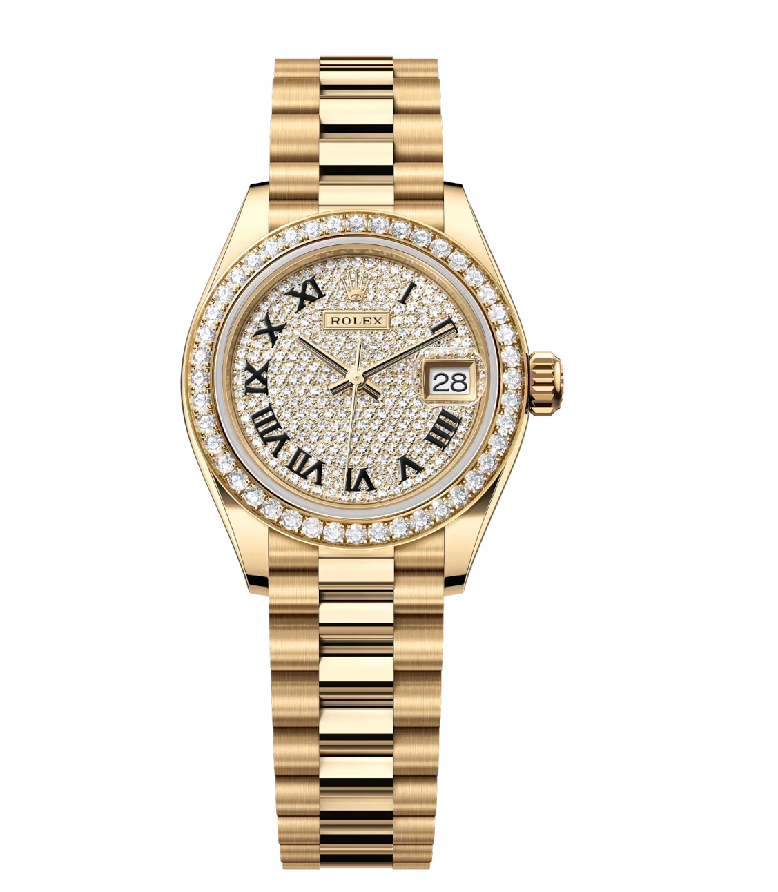 Rolex Lady-Datejust 28 Oyster Perpetual 18 ct yellow gold diamond-paved dial President band Reference 279138RBR