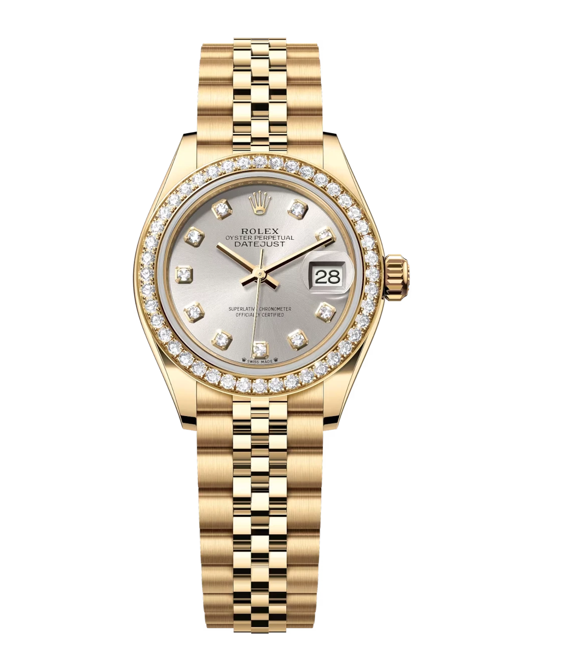 Rolex Lady-Datejust 28 Oyster Perpetual 18 ct yellow gold silver, diamond-set dial Jubilee band Reference 279138RBR
