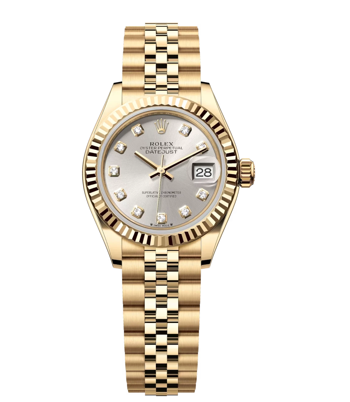 Rolex Lady-Datejust 28 Oyster Perpetual 18 ct yellow gold silver, diamond-set dial Jubilee band Reference 279178