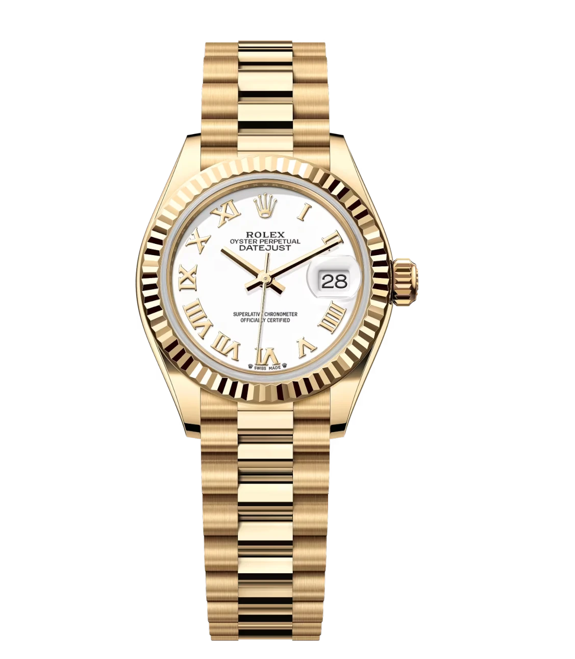 Rolex Lady-Datejust 28 Oyster Perpetual 18 ct yellow gold white dial President band Reference 279178