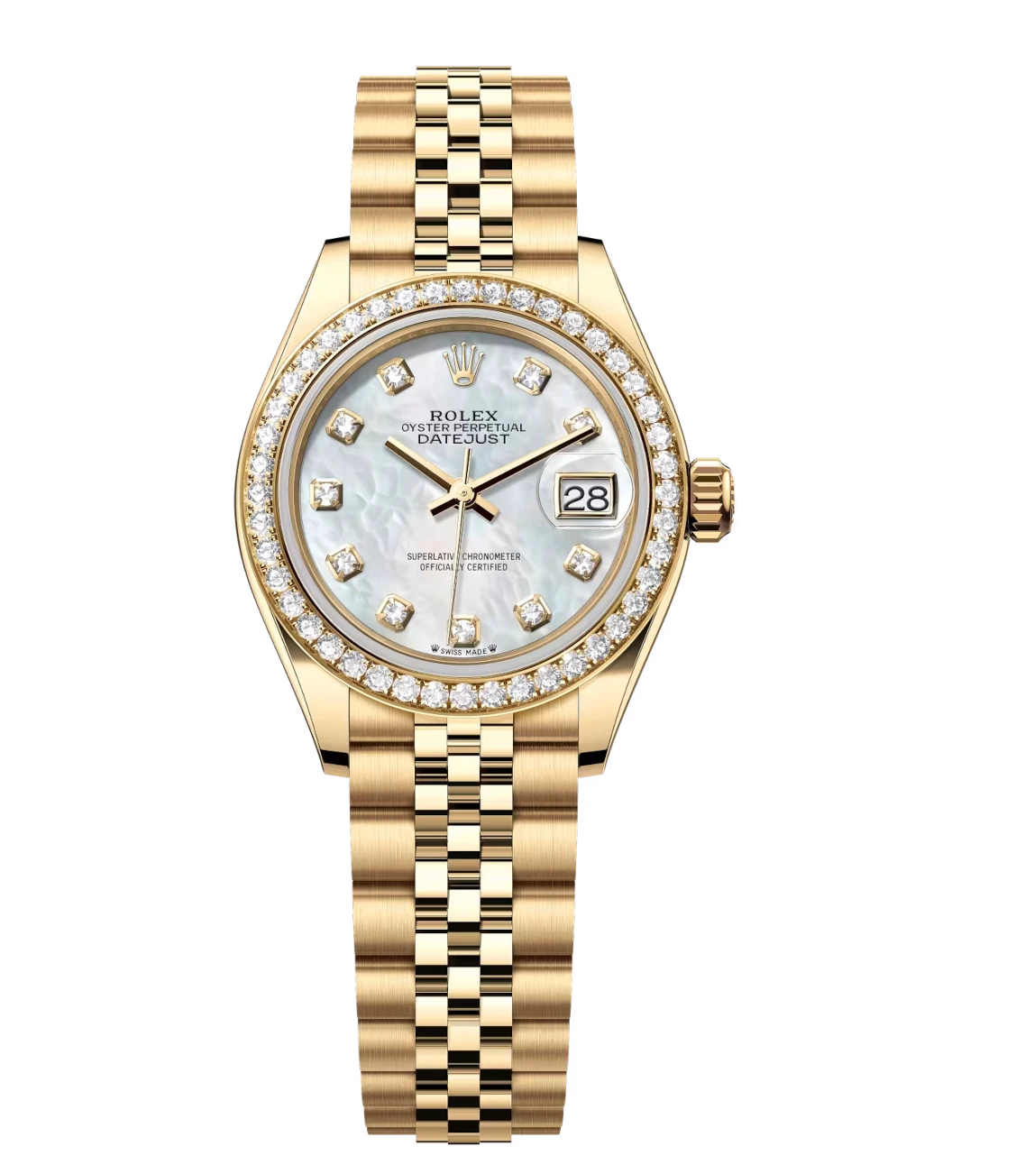 Rolex Lady-Datejust 28 Oyster Perpetual 18 ct yellow gold white mother-of-pearl, diamond-set dial Jubilee band Reference 279138RBR