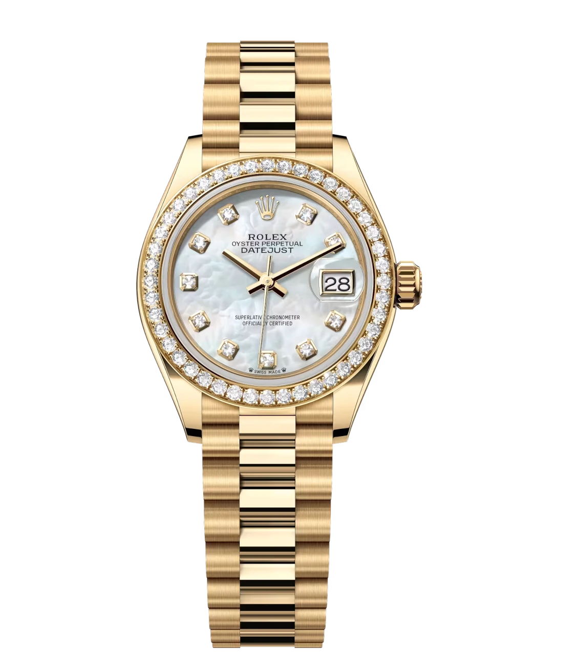 Rolex Lady-Datejust 28 Oyster Perpetual 18 ct yellow gold white mother-of-pearl, diamond-set dial President band Reference 279138RBR