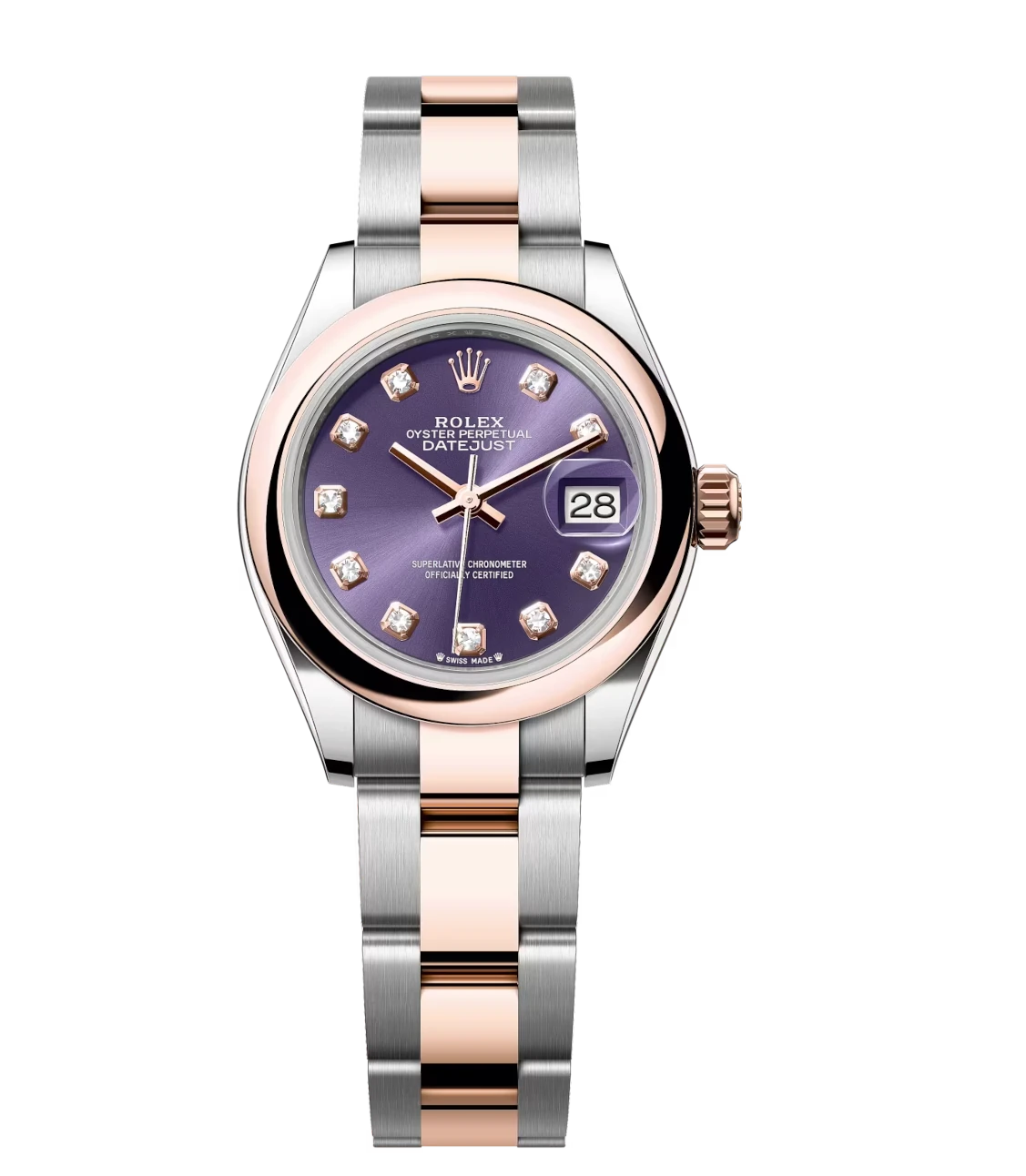 Rolex Lady-Datejust 28 watch in Oystersteel and Everose gold with aubergine dial and diamond setting