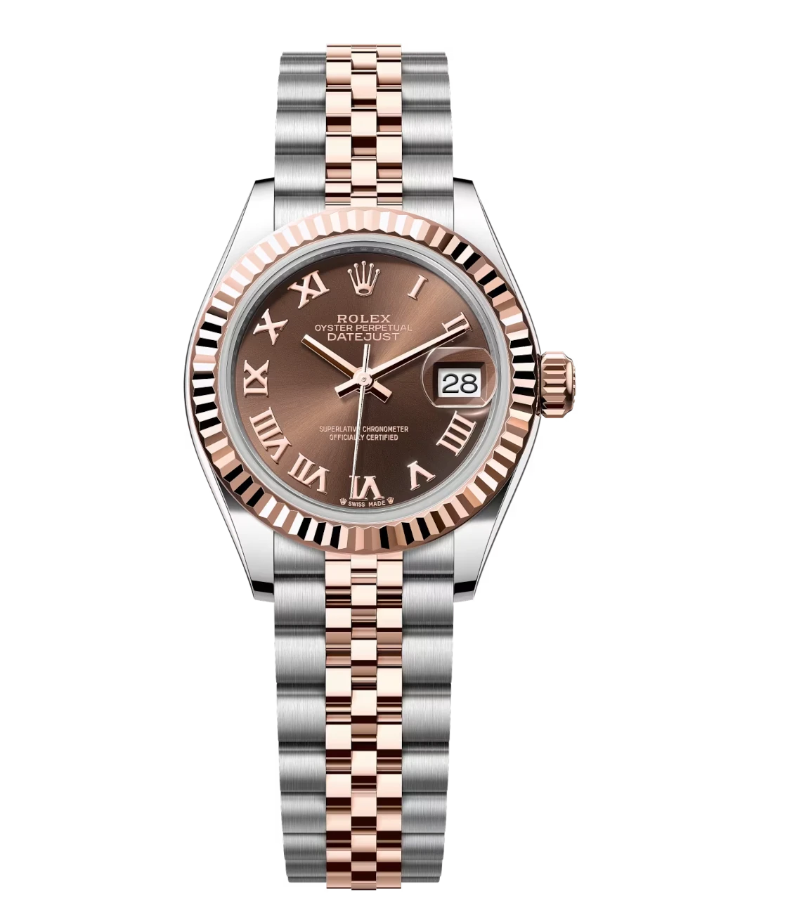 Rolex Lady-Datejust 28 Oyster Perpetual watch in Oystersteel and Everose gold with chocolate dial on Jubilee band