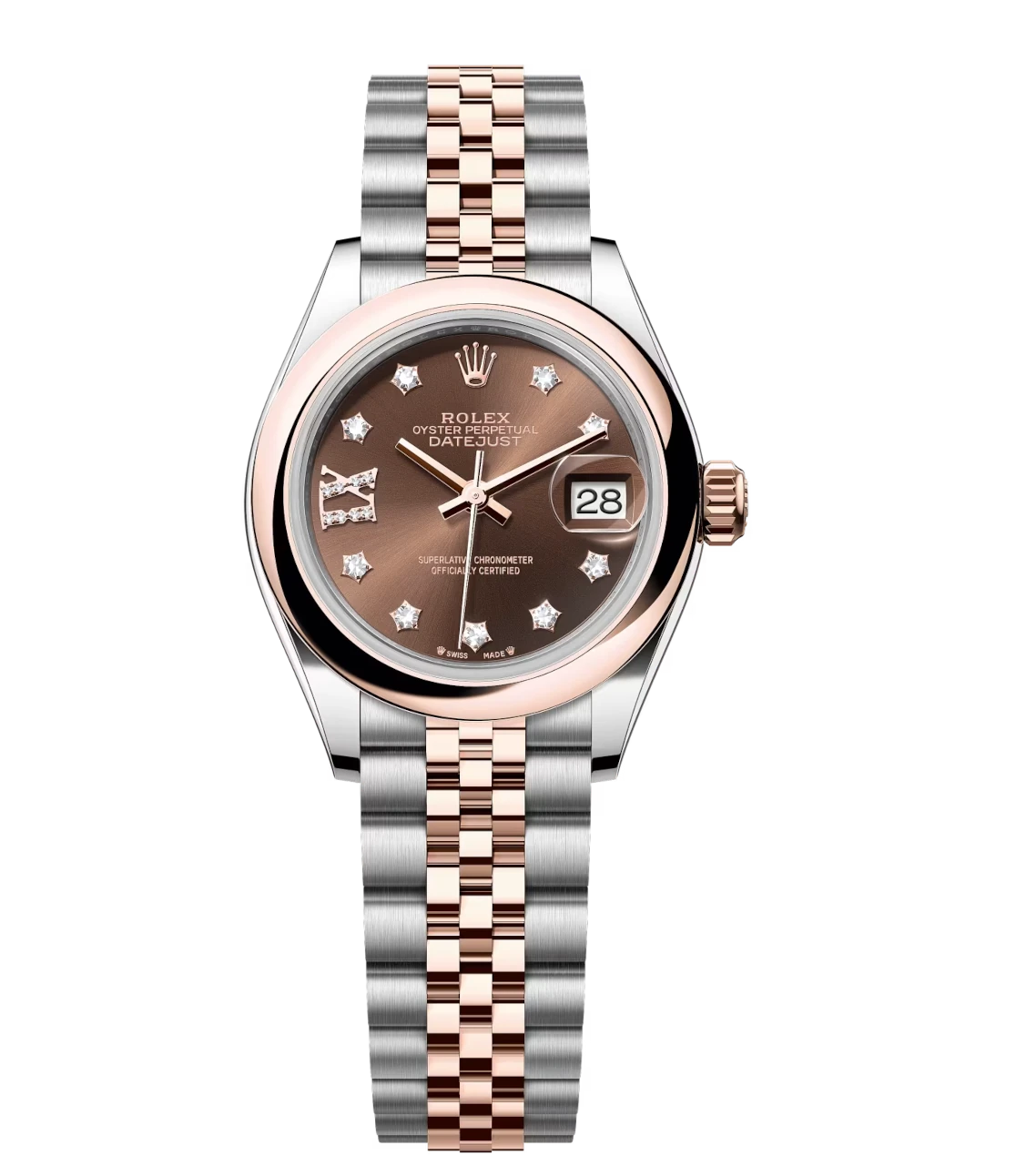Rolex Lady-Datejust 28 watch in Oystersteel and Everose gold with diamond-set chocolate dial and Jubilee band