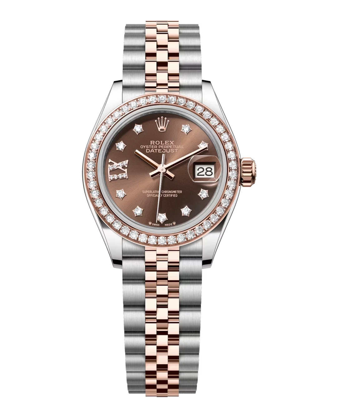 Rolex Lady-Datejust 28 Oyster Perpetual Oystersteel and Everose gold chocolate, diamond-set dial Jubilee band Reference 279381RBR