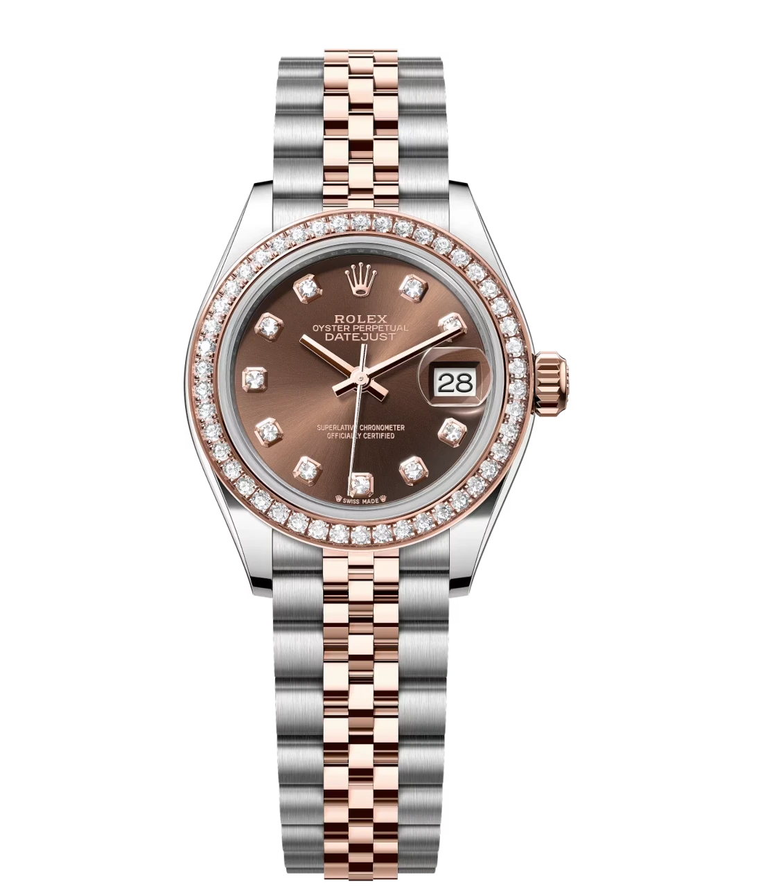 Rolex Lady-Datejust 28 Oyster Perpetual Oystersteel and Everose gold chocolate, diamond-set dial Jubilee band Reference 279381RBR