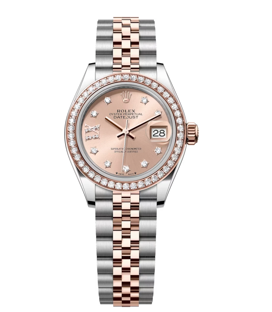 Rolex Lady-Datejust 28 Oyster Perpetual Oystersteel and Everose gold rosé colour, diamond-set dial Jubilee band Reference 279381RBR