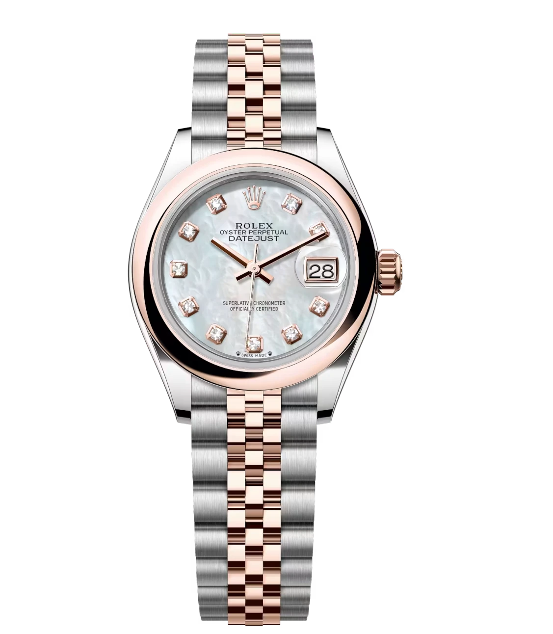 Rolex Lady-Datejust 28 Oyster Perpetual Oystersteel and Everose gold white mother-of-pearl, diamond-set dial Jubilee band Reference 279161