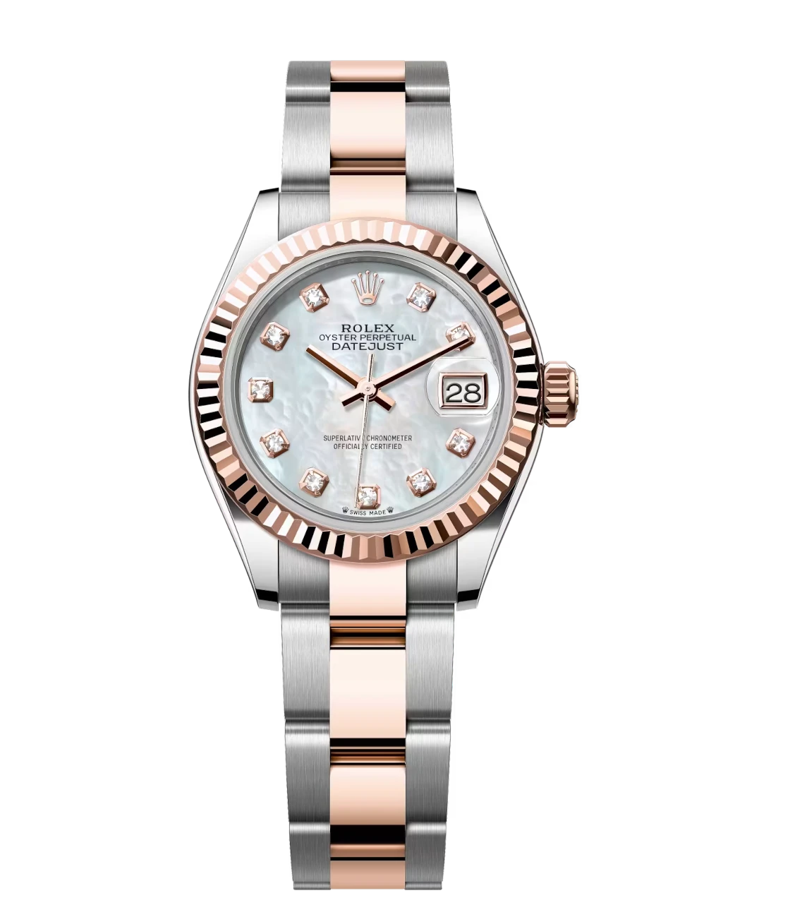Rolex Lady-Datejust 28 Oyster Perpetual Oystersteel and Everose gold white mother-of-pearl, diamond-set dial Oyster band Reference 279171