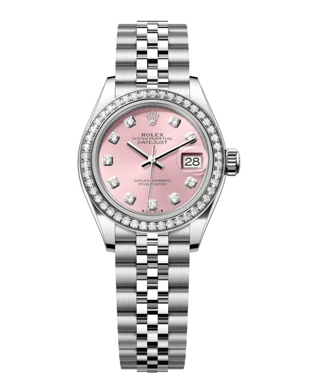 Rolex Lady-Datejust 28 Oyster Perpetual watch with Oystersteel and white gold, pink diamond-set dial and Jubilee band