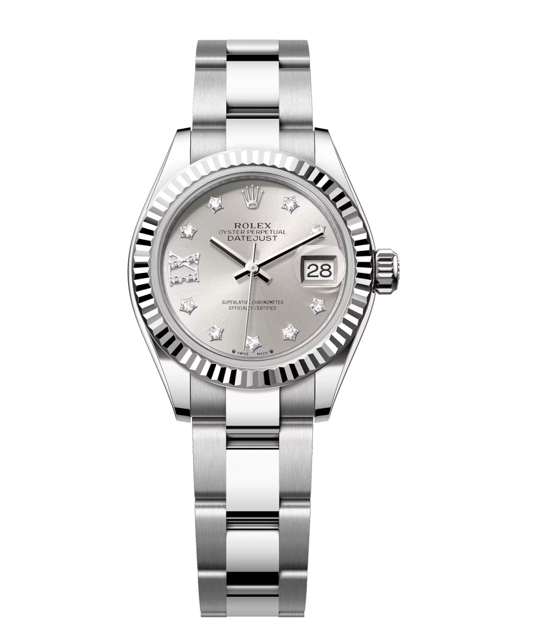 Rolex Lady-Datejust 28 Oyster Perpetual Oystersteel and white gold silver, diamond-set dial Oyster band Reference 279174