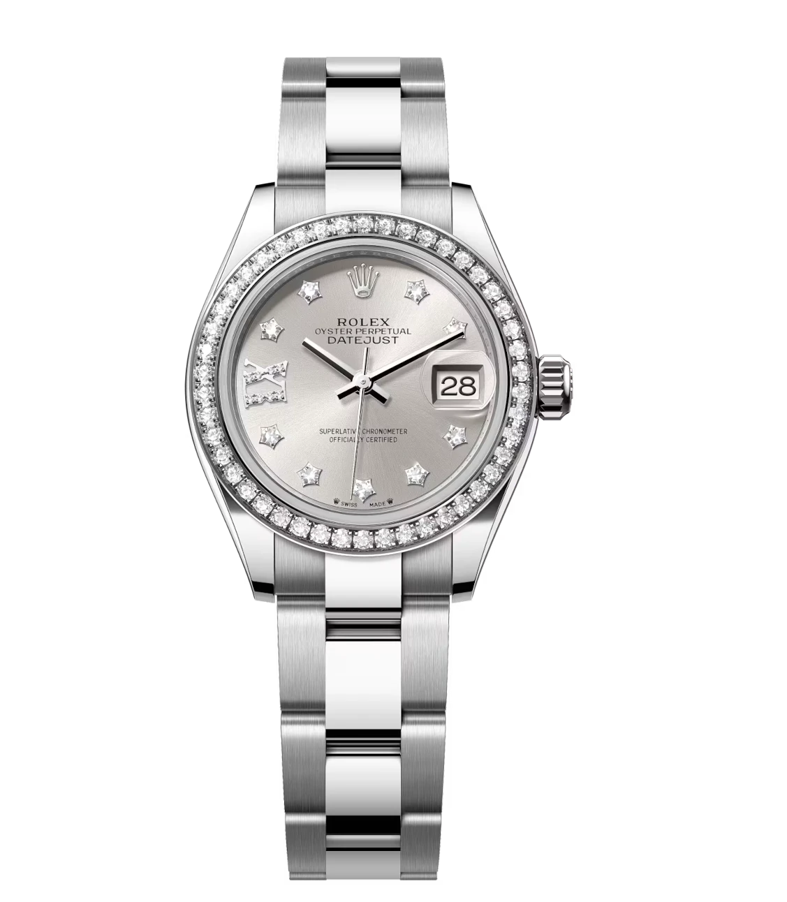 Rolex Lady-Datejust 28 Oyster Perpetual Oystersteel and white gold silver, diamond-set dial Oyster band Reference 279384RBR
