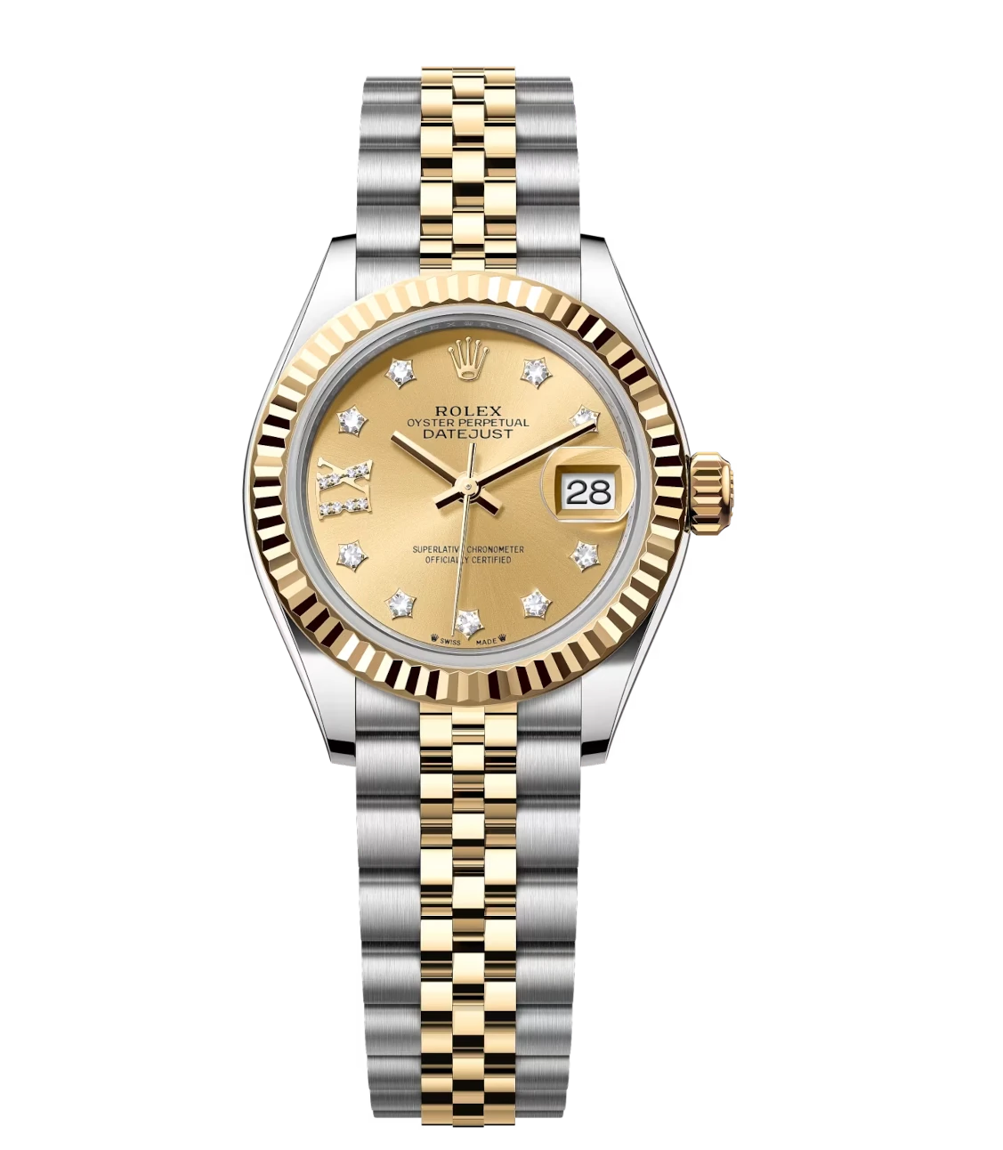 Rolex Lady-Datejust 28 Oyster Perpetual watch with yellow gold champagne dial and diamond-set Jubilee band